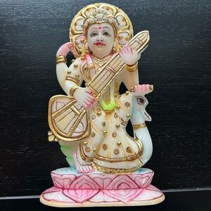 Saraswati Hindu Goddess Hand-Carved Marble Boho Statue, Midsize